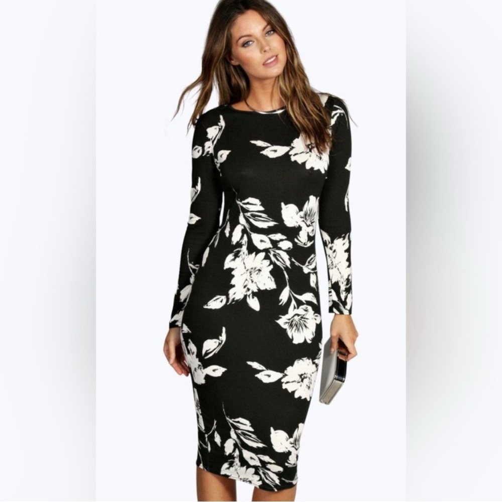 Boohoo Floral Print Bodycon Midi Dress